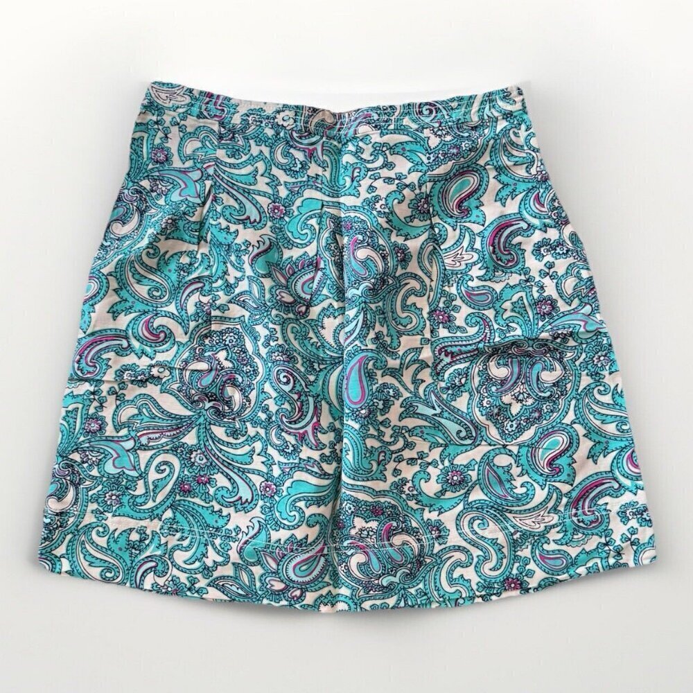 Ann Taylor Loft Size 6 Skirt Paisley Print Teal Fuchsia Pleated Linen Blend